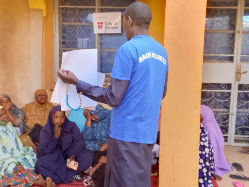 RAIN WORKER zeigt Frauen im Niger das ZYKLUS-TOOL bei einer Aufklärungseinheit.